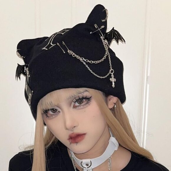 Goth Beanie Hat Women Winter Punk Emo Grunge Cat Ear Knitted Cap Gothic Accessor main image 6